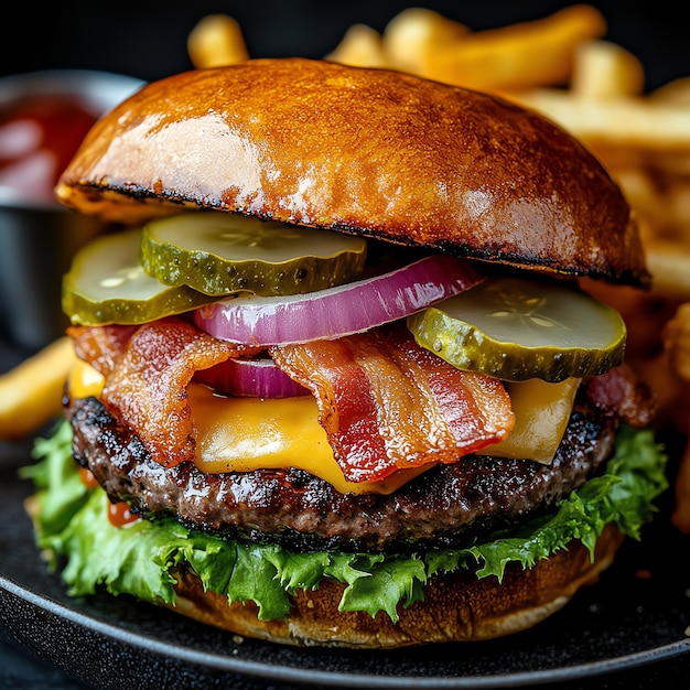 Crispy bacon cheeseburger with pickles and onions served with golden fries