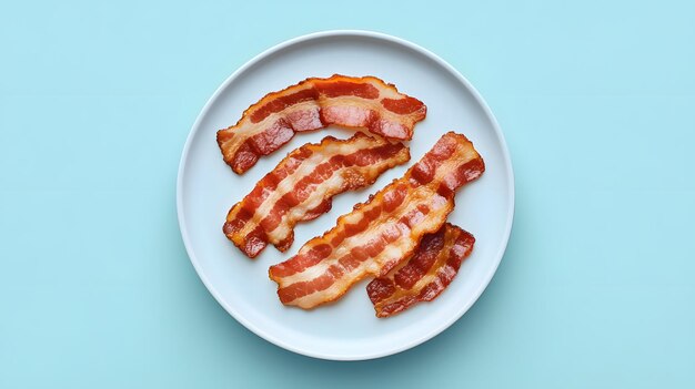 Photo crispy bacon strips on white plate in breakfast setting