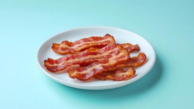 Photo crispy bacon strips on white plate in breakfast setting