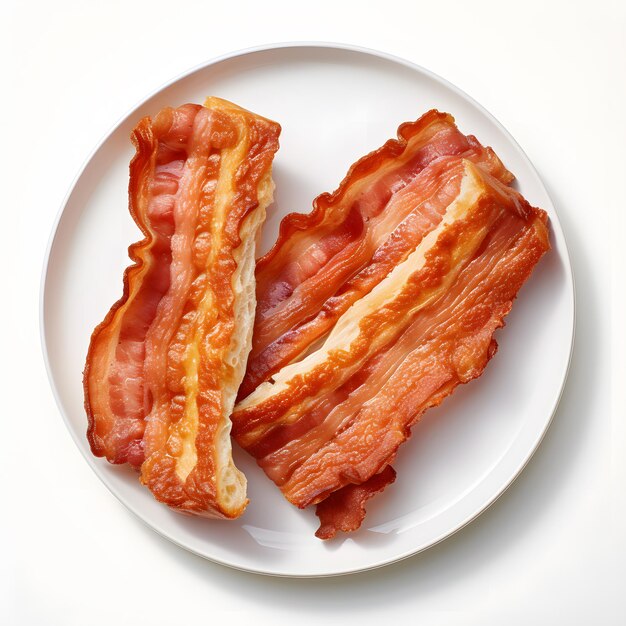 Photo crispy bacon on white plate ideal for breakfast or brunch