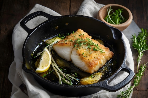 Photo crispy baked cod with herbs a gourmet seafood delight on cast iron pan ai generated