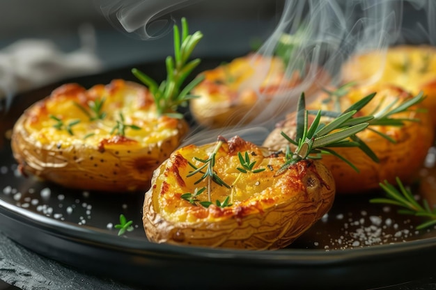 Crispy baked potatoes garnished with green rosemary with steam rising from the hot dish