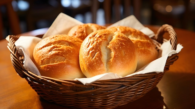 Crispy bread bun in a bread basket