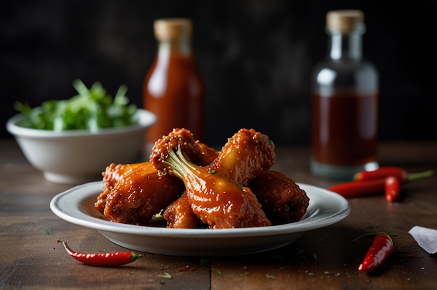 Photo crispy buffalo wings with a glossy red chili glaze