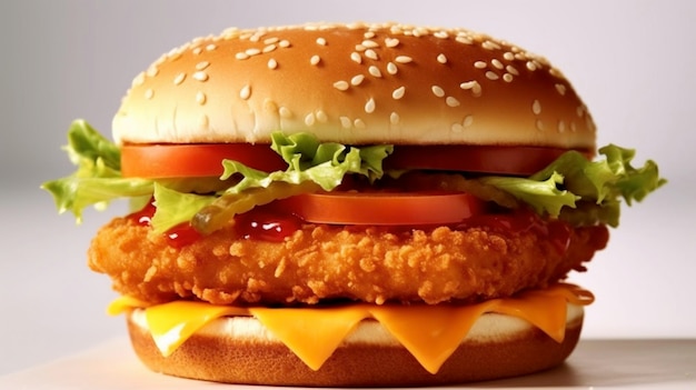 Crispy Cheesy Chicken Patty Burger against a White Background