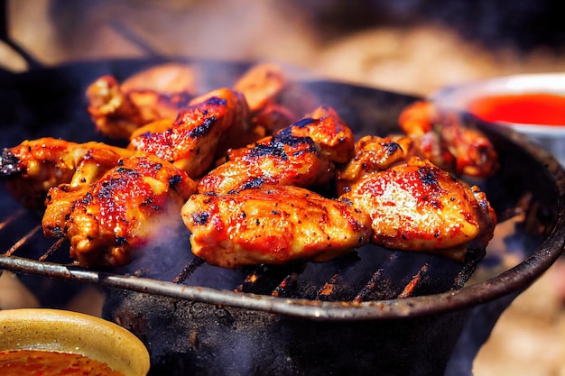 Crispy chicken baked over fire with smoke