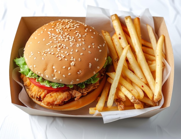 Crispy Chicken Burger and French Fries in a Takeaway Box