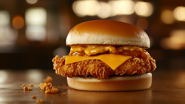 A crispy chicken burger with melted cheese and sauce on a bun sitting on a wooden table