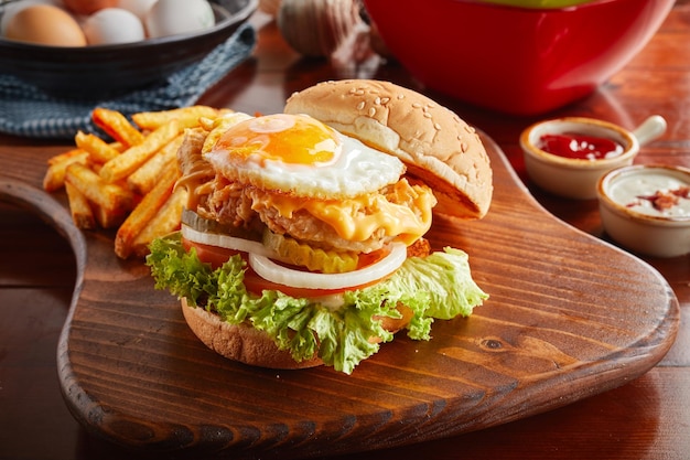 Crispy chicken Burger with sunny egg and fries served in a dish isolated on wooden background side view