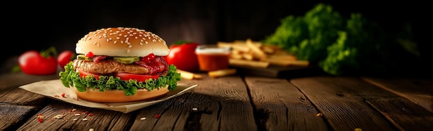 crispy chicken layered burger on the table with a copy space