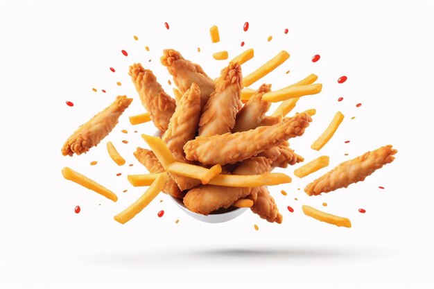 Photo crispy chicken strips and french fries flying from a bowl with ketchup