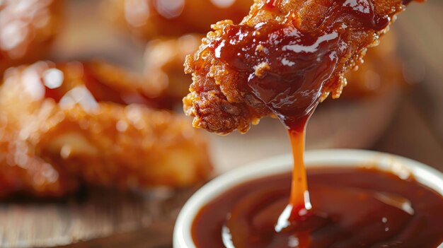 Photo crispy chicken wing dipped in tangy barbecue sauce