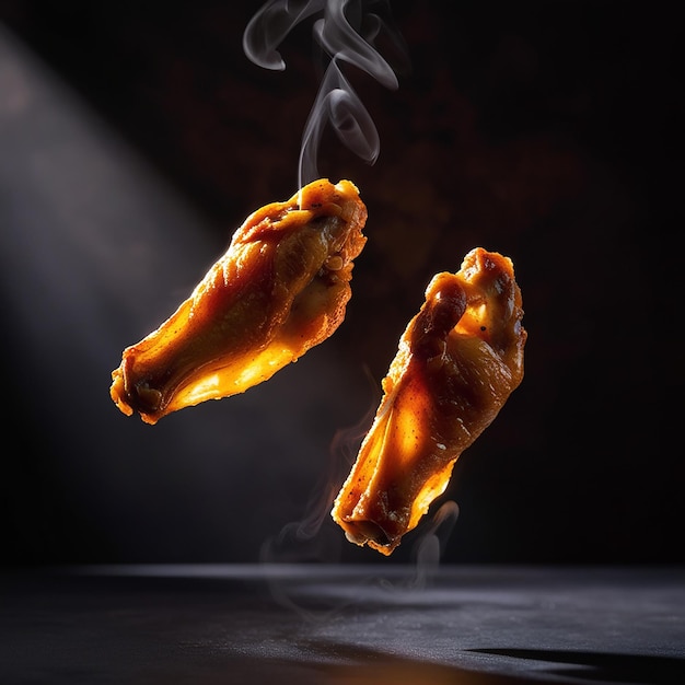 Photo crispy chicken wings suspended in midair