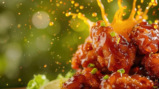 Crispy chicken wings with glossy tangy sauce splash