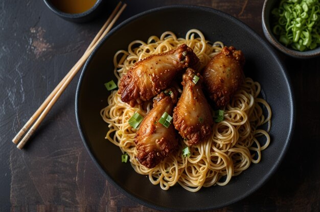 Crispy Chicken Wings with Savory Noodles Generative Ai