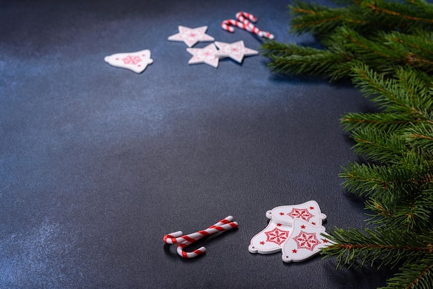 Crispy chocolate croissant with Christmas decorations on wooden cutting board