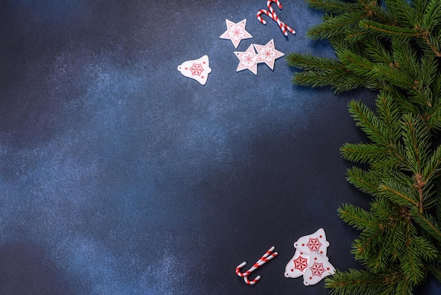 Crispy chocolate croissant with Christmas decorations on wooden cutting board