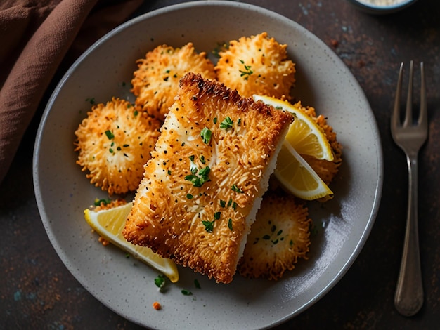 Photo crispy cod fish fillet with panko coating air fryer basket presentation