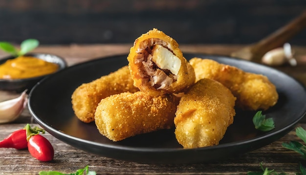 Crispy Cooked Fist in a black Plate on a Dark wooden background