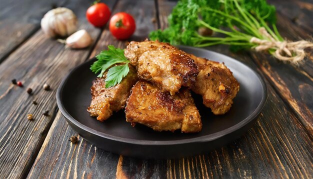 Crispy Cooked Meat in a black Plate on a Dark wooden background