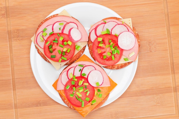 Crispy cracker sandwiches with tomato sausage cheese green onions and radish