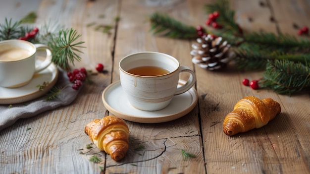 Crispy croissant and aromatic coffee on a wooden kitchen table with berries and a sprig of fir