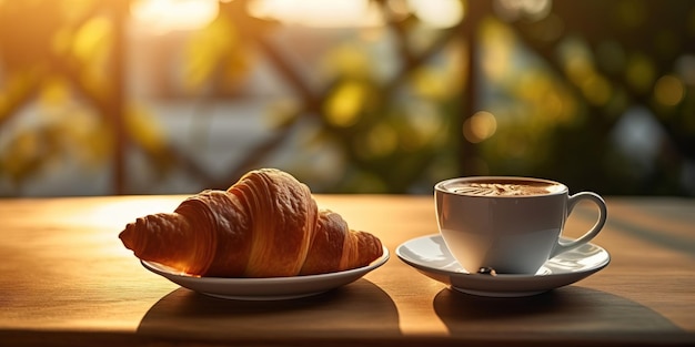 crispy croissant with cup of black coffee