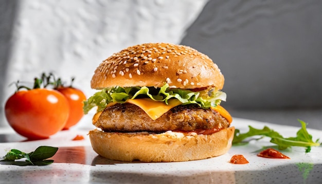 Crispy and delicious burger on table fresh tomatoes Tasty fast food