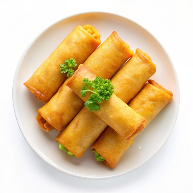 Crispy egg rolls on white background golden crunchy eggrolls appetizer fried