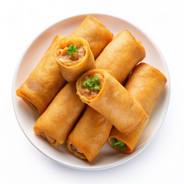 Crispy egg rolls on white background golden crunchy eggrolls appetizer fried