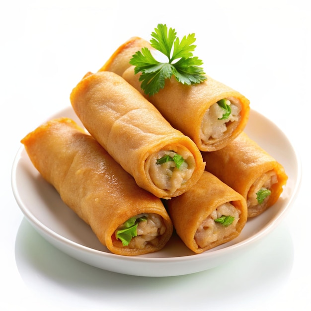 Crispy egg rolls on white background golden crunchy eggrolls appetizer fried