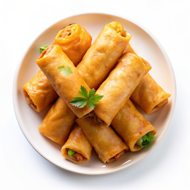 Crispy egg rolls on white background golden crunchy eggrolls appetizer fried