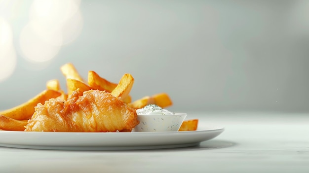 Crispy Fish and Chips with Golden Tartar Sauce on White Plate Image