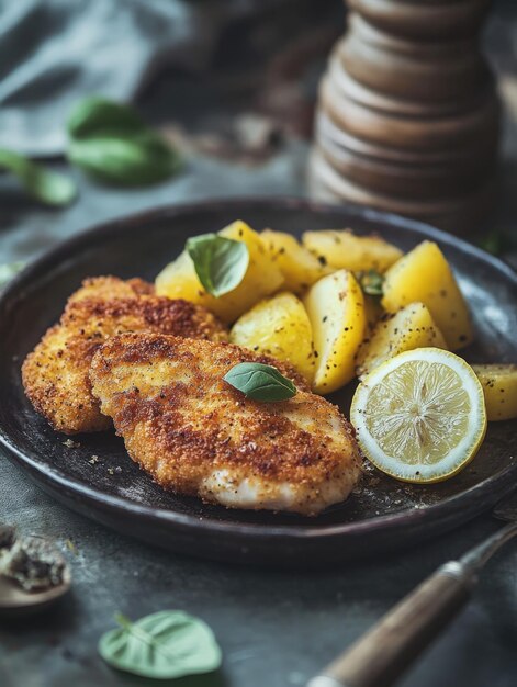 Photo crispy fish fillets served with seasoned potatoes and lemon slices