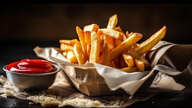 crispy french fries with ketchup and mayonnaise