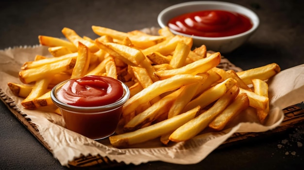 crispy french fries with ketchup and mayonnaise