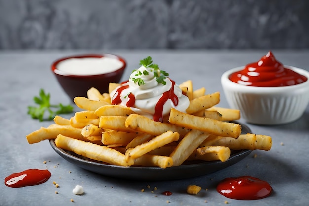 crispy french fries with ketchup and mayonnaise