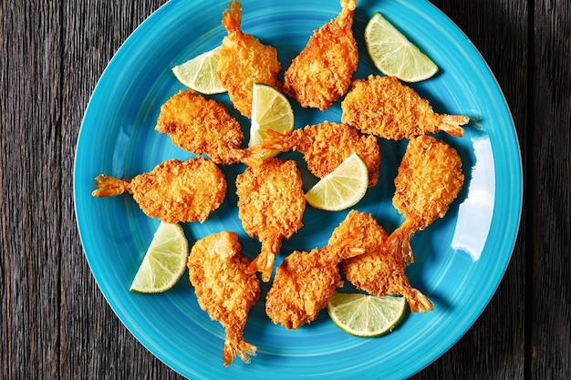 Crispy Fried Butterfly Shrimp on a blue plate