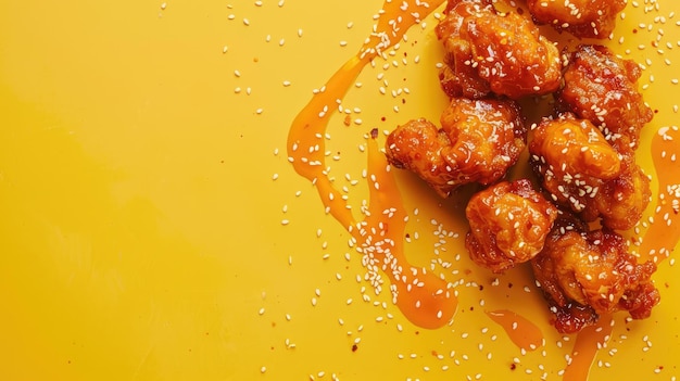 Crispy fried chicken coated in sweet sauce with sesame seeds on yellow background