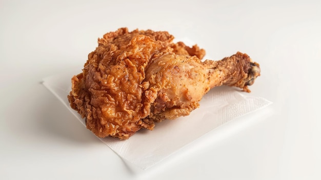 Crispy fried chicken drumstick on white napkin