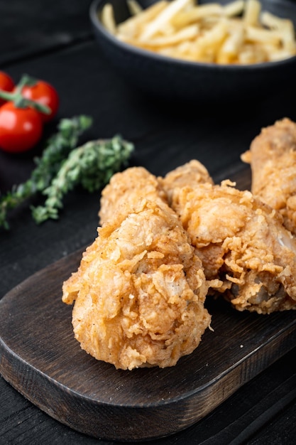 Crispy fried chicken leg on black wooden table