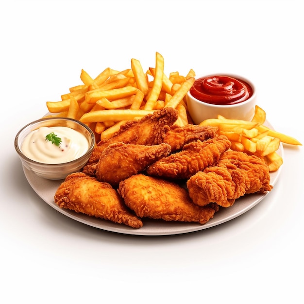 Crispy fried chicken legs with french fries and ketchup isolated on white background