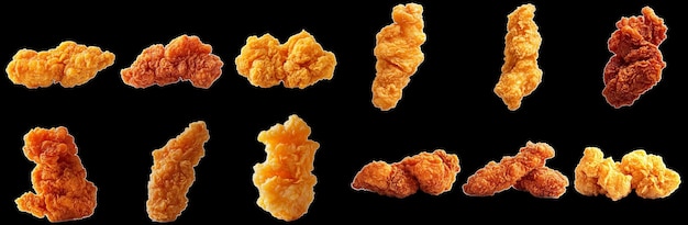 Photo crispy fried chicken pieces arranged in various shapes and colors showcasing deliciousness