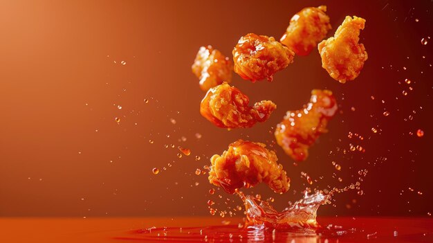 Crispy fried chicken pieces splashing in spicy orange sauce