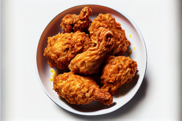 Crispy fried chicken pieces on a white plate with white background