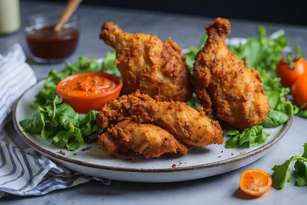 crispy fried chicken on a plate with salad and carrot