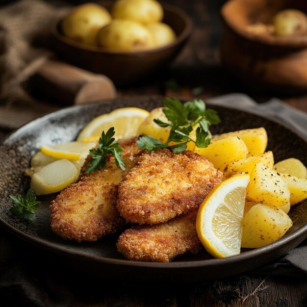 Crispy fried chicken served with seasoned potatoes and lemon wedges