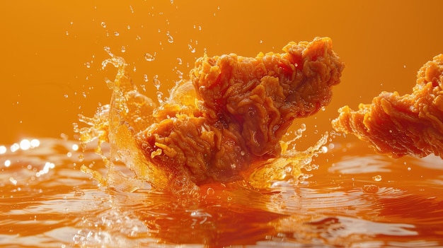 Photo crispy fried chicken splashing into orange liquid with dynamic motion