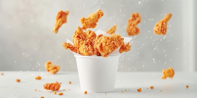 Photo crispy fried chicken strips and drumsticks flying over a bucket in white studio setting