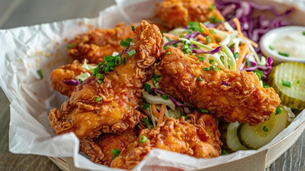 Crispy fried chicken strips with coleslaw and pickles in lined basket